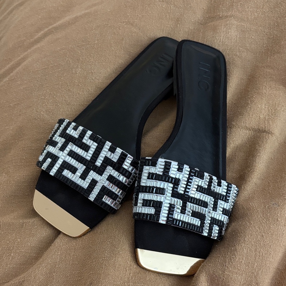 INC International Concepts Black and Silver Geometric Slide Sandals